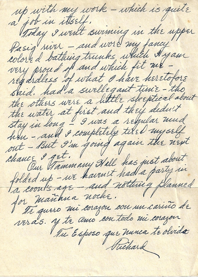 Letter on MacArthur's honorary doctor of laws degree and swimming in Pasig river: 24 August 1945: Richard (Manila, P.I.) to Elizabeth (Lexington, VA)