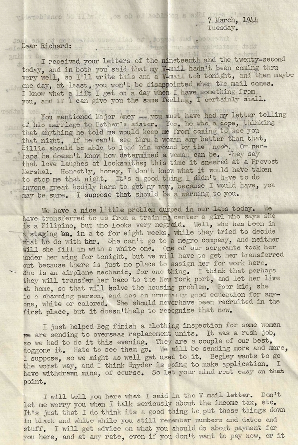 7 March 1944: Elizabeth (Ft. Mason, CA) to Richard (New Guinea)