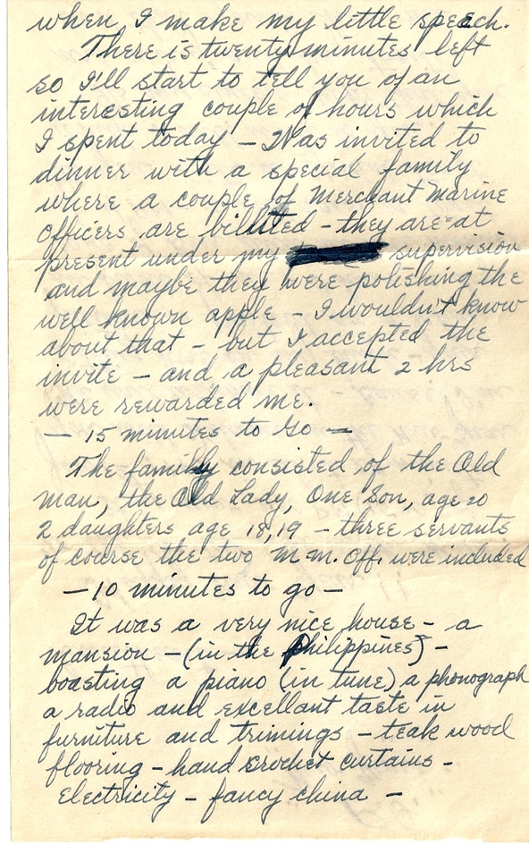 Letter on dinner with an upper class Filipino family: 1 January 1945: Richard (probably Leyte, P.I.) to Elizabeth (Camp Stoneman, CA)