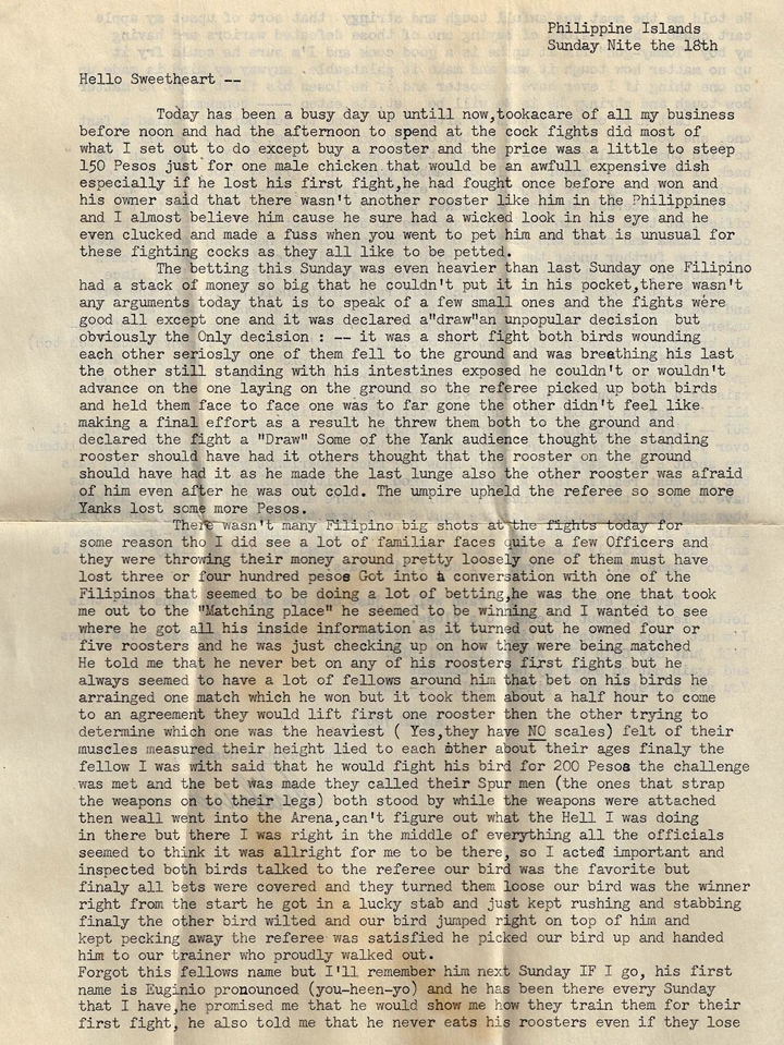 Cockfighting in Manila: 18 March 1945: Richard (Manila, P.I.) to Elizabeth (New York, NY)