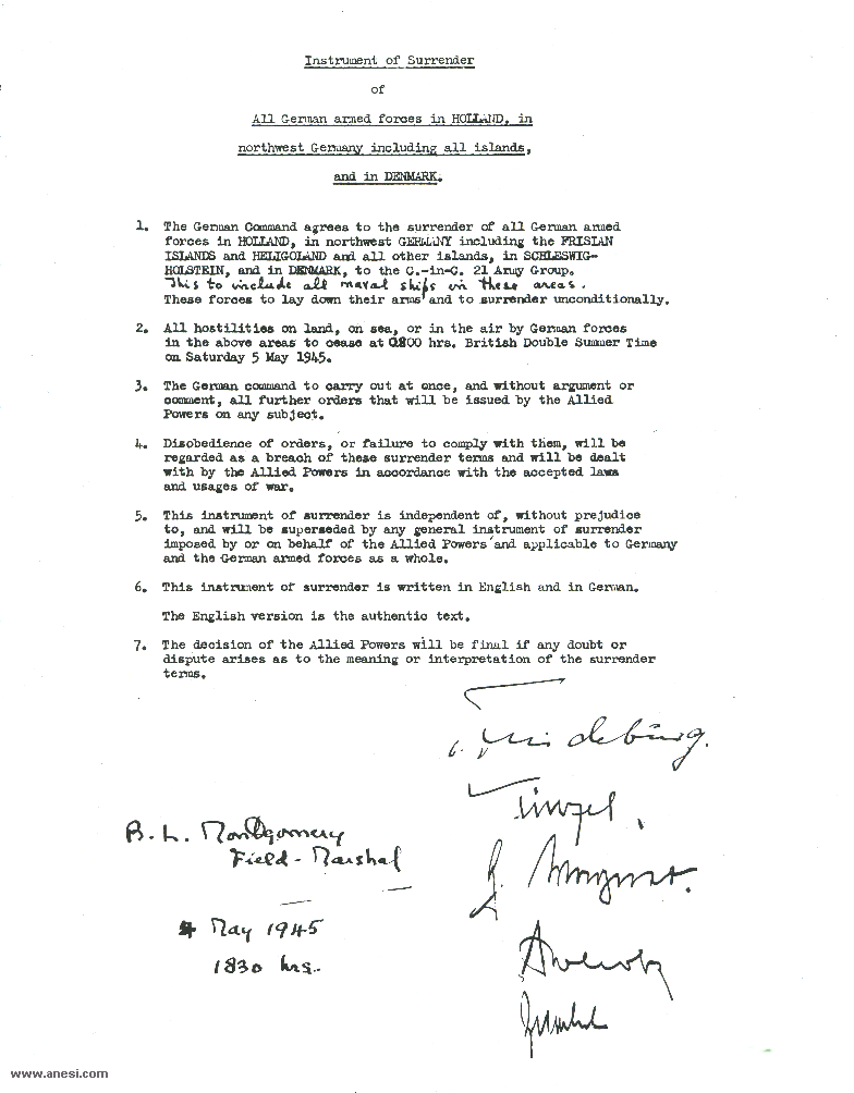 Instrument of surrender of all German forces in Holland, in Northwest Germany including all islands, and in Denmark, 4 May 1945